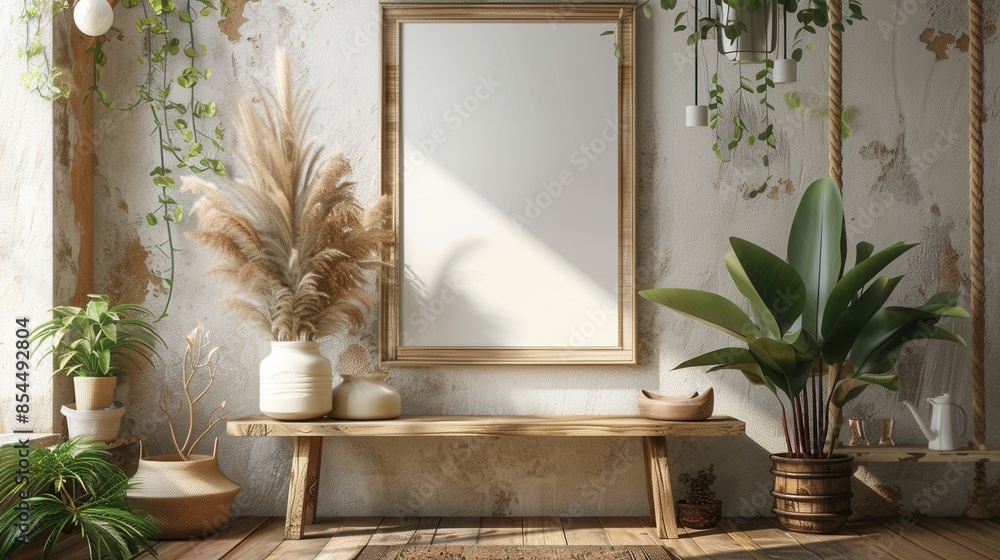 A cozy, rustic interior with a wooden bench, potted plants, and a framed artwork. A cozy, rustic interior with a wooden bench, potted plants, and a framed artwork.