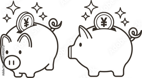 かわいい豚の貯金箱と入る日本円コインのイラスト