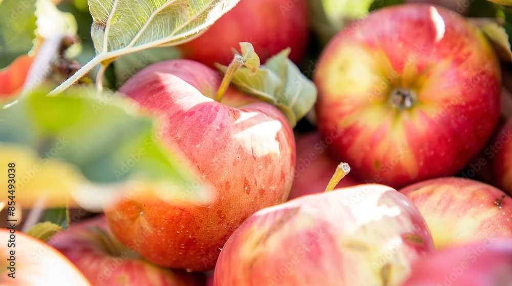 Freshly harvested apples in a bushel, close-up, bright reds and greens, clear detailed view Freshly harvested apples in a bushel, close-up, bright reds and greens, clear detailed view
