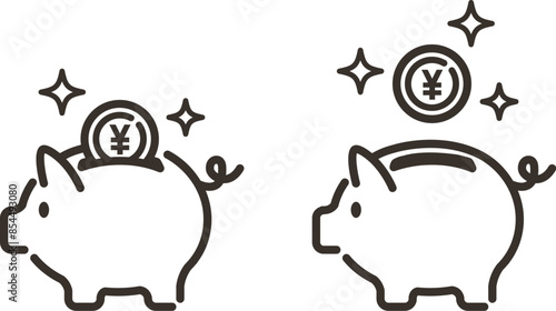 かわいい豚の貯金箱と入る日本円コインのイラスト