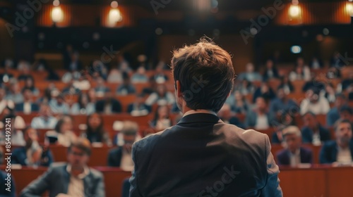 Rear view of people in the audience listening at the conference room Speakers lecture in a conference room at a business event. There are women and men. Generated AI © bk_assets