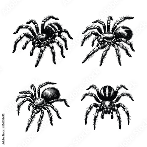 Vintage engraving isolated spider set ink sketch. black and white engrave isolated spider illustration