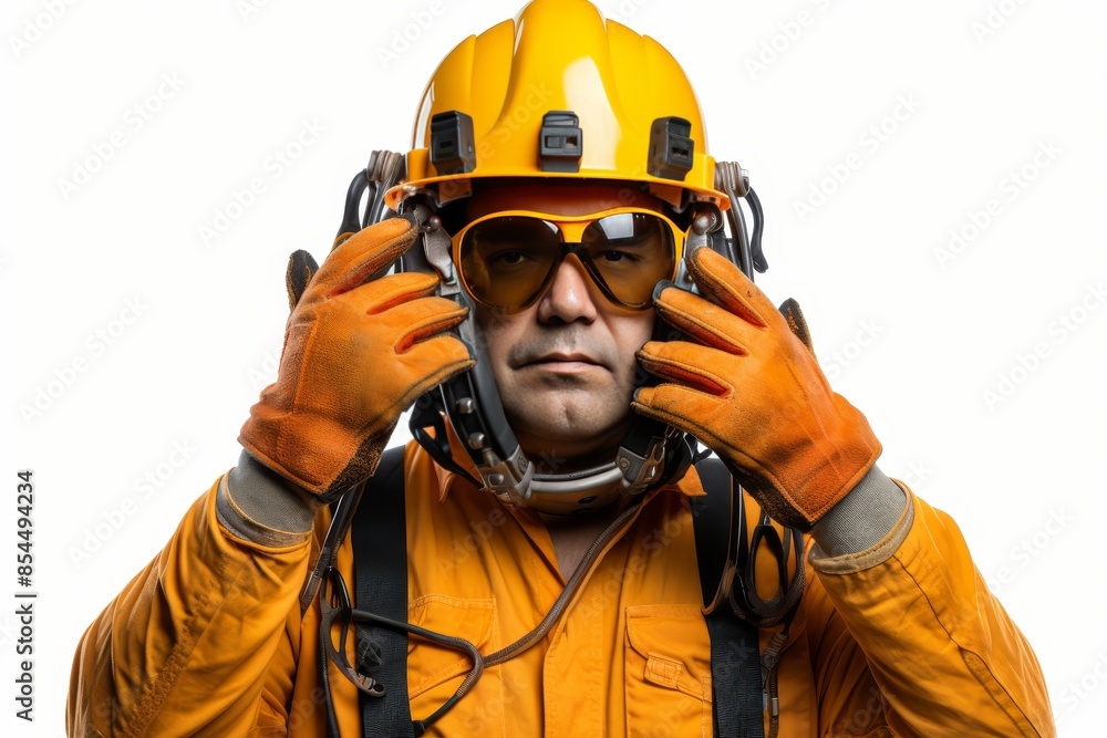 Fototapeta premium Electrician checking wiring for electricity on white background, isolated for safety inspection