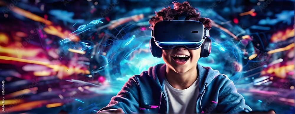 Teenagers Having Fun Playing VR Virtual Reality Glasses Sport Game in 3D Cyberspace Metaverse Digital World with Futuristic Augmented Reality Teenagers Having Fun Playing VR Virtual Reality Glasses Sport Game in 3D Cyberspace Metaverse Digital World with Futuristic Augmented Reality