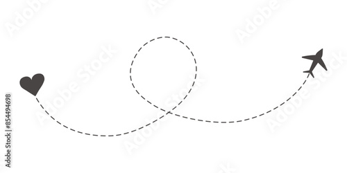 Itinerary dashed trace, line airplane flight, dotted path, aircraft tracking simple minimal trip isolated on white background. Plan with start point. Tattoo