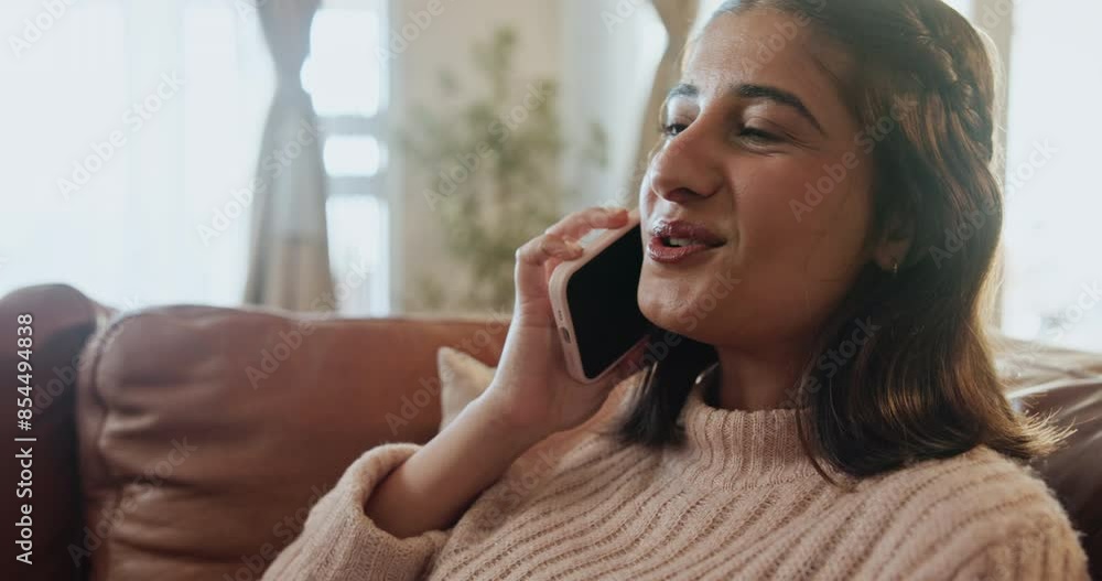 Happy woman, relax and sofa with phone call for communication, conversation or chat at home. Young Indian or female person with smile on mobile smartphone for friendly discussion on living room couch Happy woman, relax and sofa with phone call for communication, conversation or chat at home. Young Indian or female person with smile on mobile smartphone for friendly discussion on living room couch