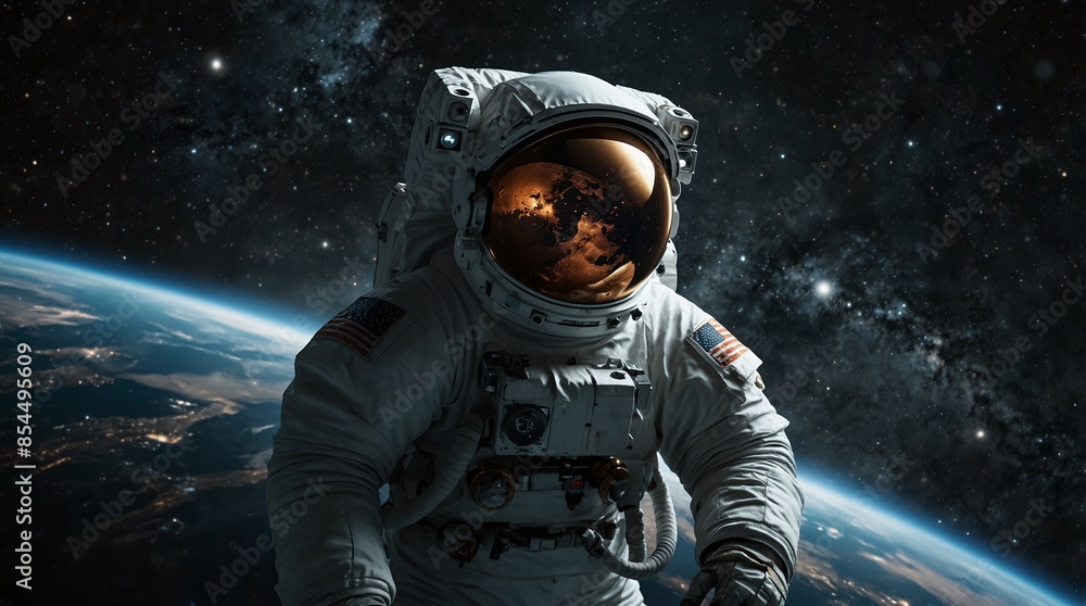 Astronaut in space with Earth and the Milky Way in the background, reflecting in helmet Astronaut in space with Earth and the Milky Way in the background, reflecting in helmet