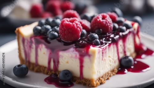 view of aesthetic Gourmet berry cheesecake with raspberry and blueberry sauce