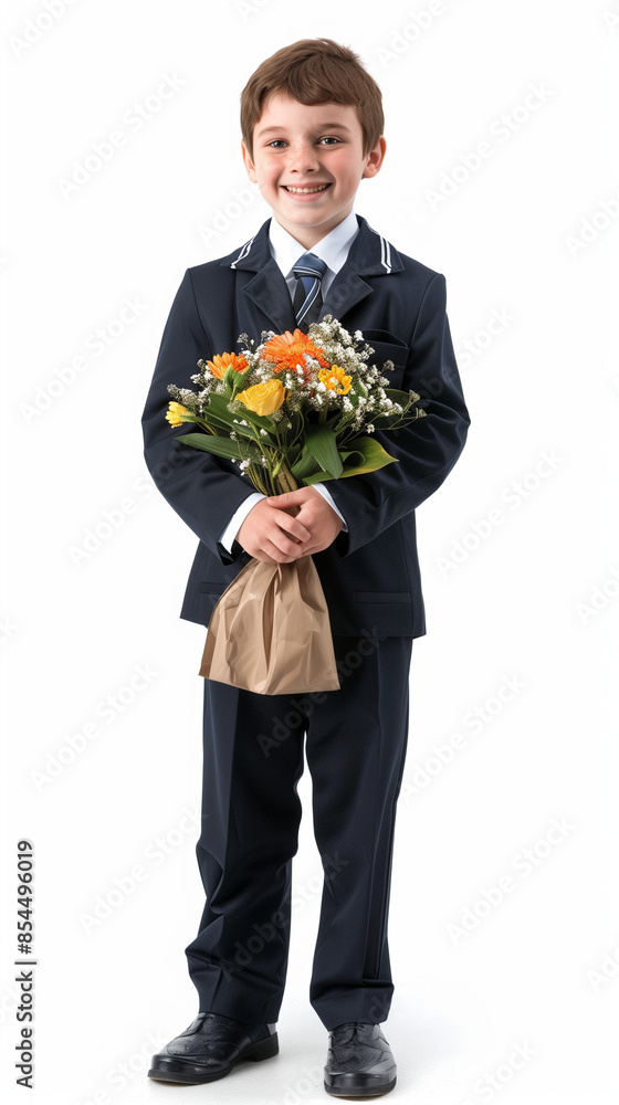 Full-length photo of a schoolboy in formal uniform holding a vibrant bouquet of flowers, isolated on a white background, representing a special occasion or celebration Full-length photo of a schoolboy in formal uniform holding a vibrant bouquet of flowers, isolated on a white background, representing a special occasion or celebration