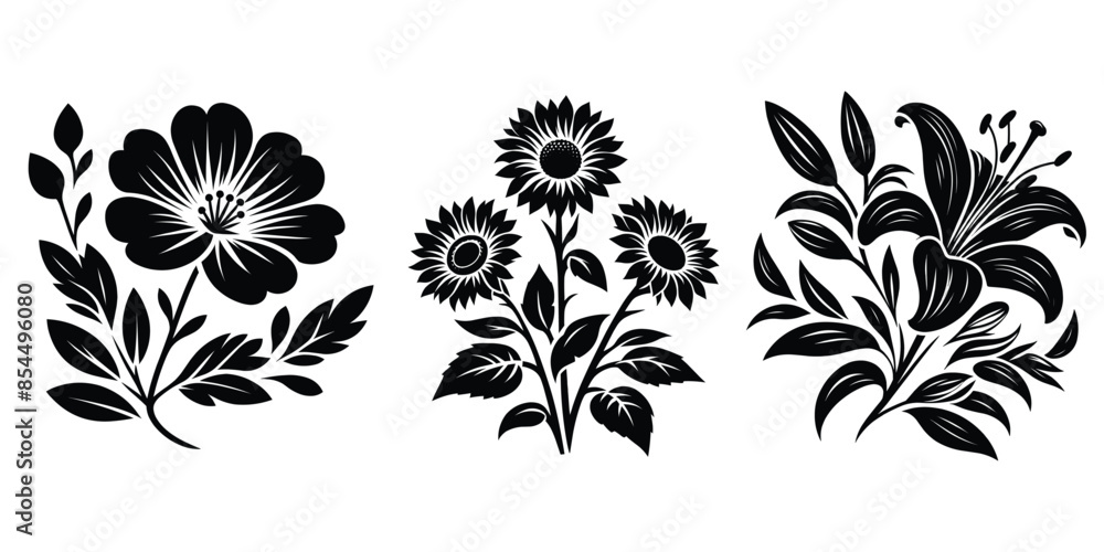 Set of decorative flowers with leaves black silhouette isolated on a white background Set of decorative flowers with leaves black silhouette isolated on a white background