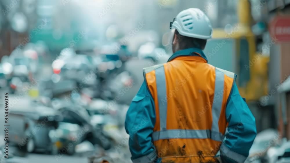 Rear view of male worker in safety gear with garbage background. Concept Industrial Safety Gear, Work Environment, Rear View, Garbage Background, Male Worker Rear view of male worker in safety gear with garbage background. Concept Industrial Safety Gear, Work Environment, Rear View, Garbage Background, Male Worker