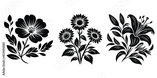 Set of decorative flowers with leaves black silhouette isolated on a white background