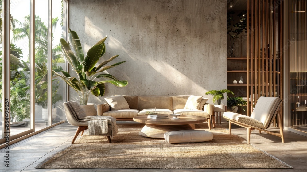 A contemporary living room features a comfortable sofa and chairs with a neutral color palette. Sunlight streams through a large window overlooking lush greenery A contemporary living room features a comfortable sofa and chairs with a neutral color palette. Sunlight streams through a large window overlooking lush greenery