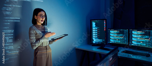 Obraz na płótnie asian woman programmer standing in front of a screen with code projected  presen