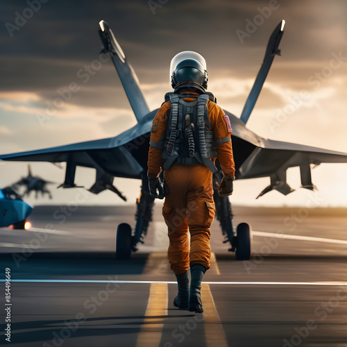 Dusk Patrol: Solo Fighter Pilot Readying for Mission photo