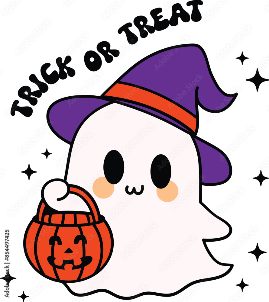 Cute Ghost with Pumpkin Basket and Witch Hat - Trick or Treat Halloween Hand drawn clipart sublimation for decorating invitations, greeting , celebration cards, posters, stickers, party decoration Cute Ghost with Pumpkin Basket and Witch Hat - Trick or Treat Halloween Hand drawn clipart sublimation for decorating invitations, greeting , celebration cards, posters, stickers, party decoration