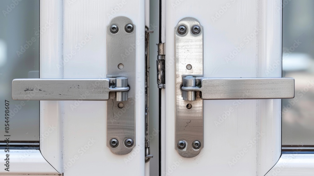 Contemporary aluminum door hinges on white doors with space for text close up shot Contemporary aluminum door hinges on white doors with space for text close up shot