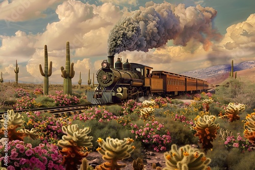A mirage of a steam locomotive chugging through a desert with blooming cacti photo
