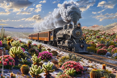 A mirage of a steam locomotive chugging through a desert with blooming cacti photo