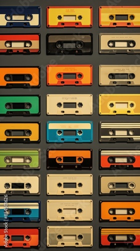 Retro film of casette tapes arrangement backgrounds technology.