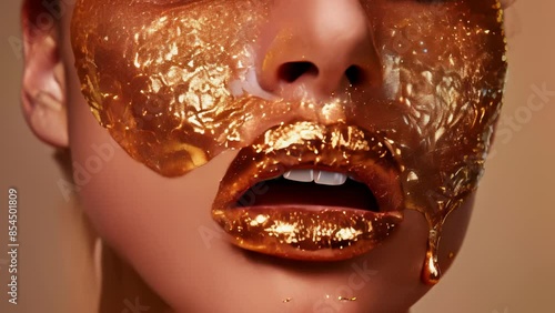 Close-up of glittering golden lip mask on woman's face