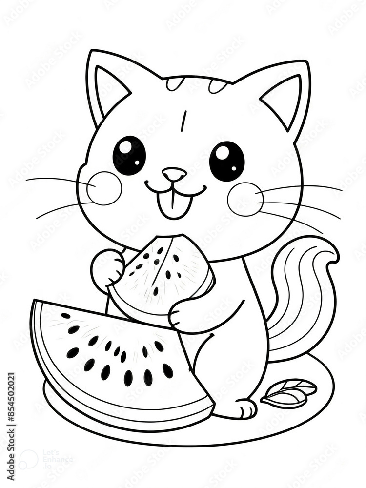 Cartoon Cat Eating Watermelone Coloring Page For Kids Stock cartoon-cat-eating-watermelone-coloring-page-for-kids-stock