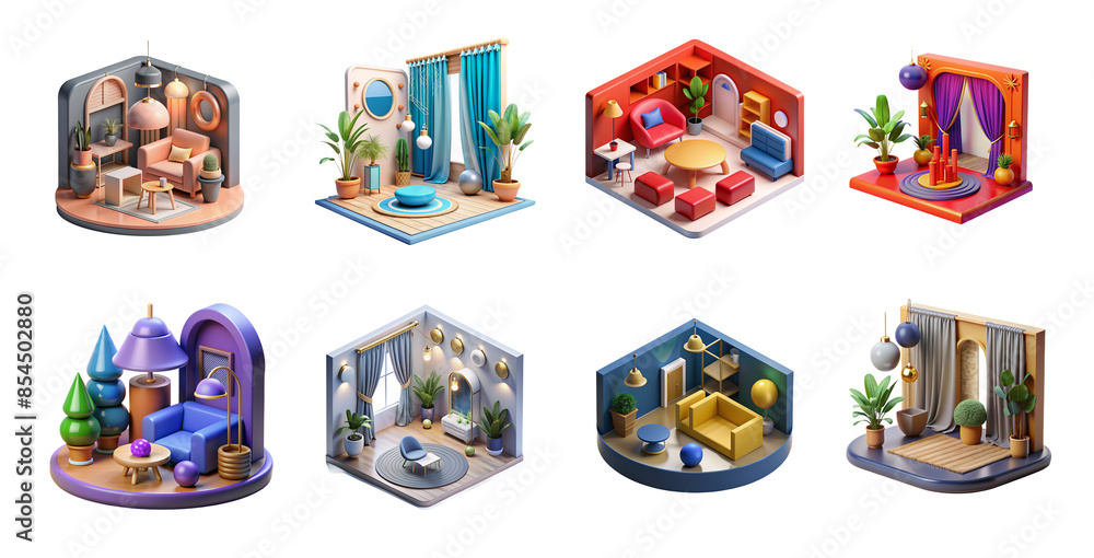 Isometric living room with sofa, coffee table, and plants. A cozy space filled with natural elements. Isometric living room with sofa, coffee table, and plants. A cozy space filled with natural elements.