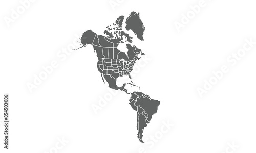 Map of north and south america isolated on white background. for website layouts, background, education, precise, customizable, Travel worldwide, map silhouette backdrop, earth geography, political.