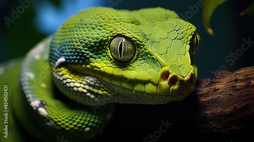 A close-up portrait of a green tree python coiled on a branch 
