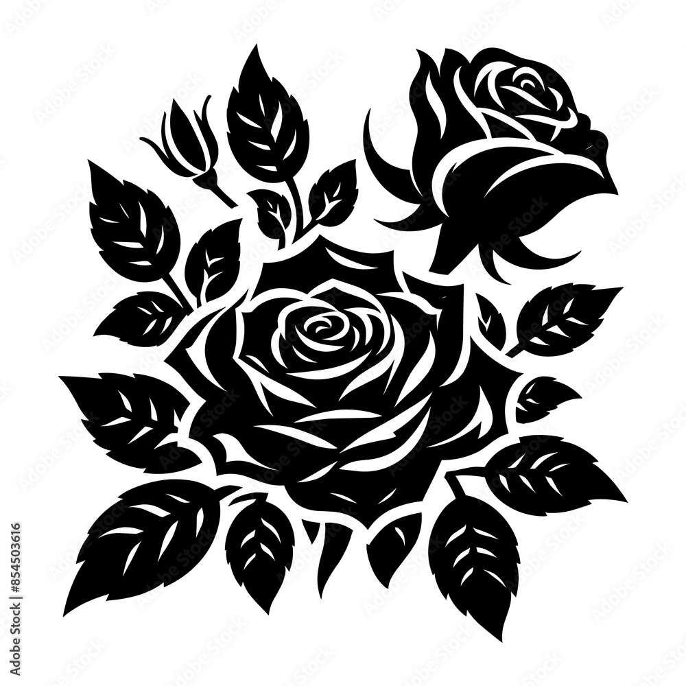 Set of decorative rose flowers with leaves black silhouette of isolated on a white background Set of decorative rose flowers with leaves black silhouette of isolated on a white background