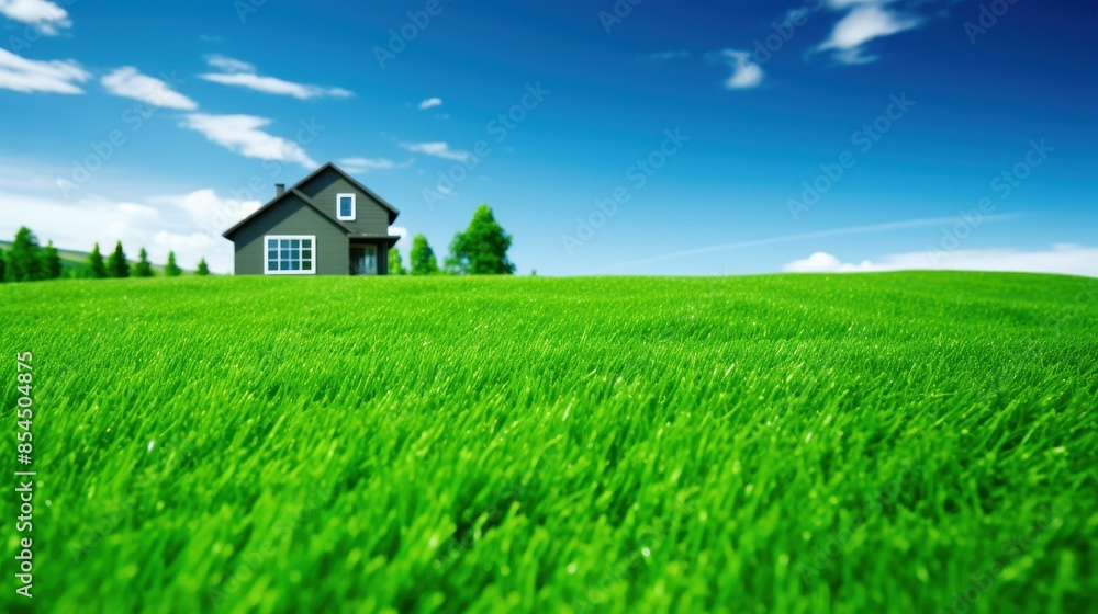 Serene landscape with a picturesque green field and charming house in the backdrop. Serene landscape with a picturesque green field and charming house in the backdrop.