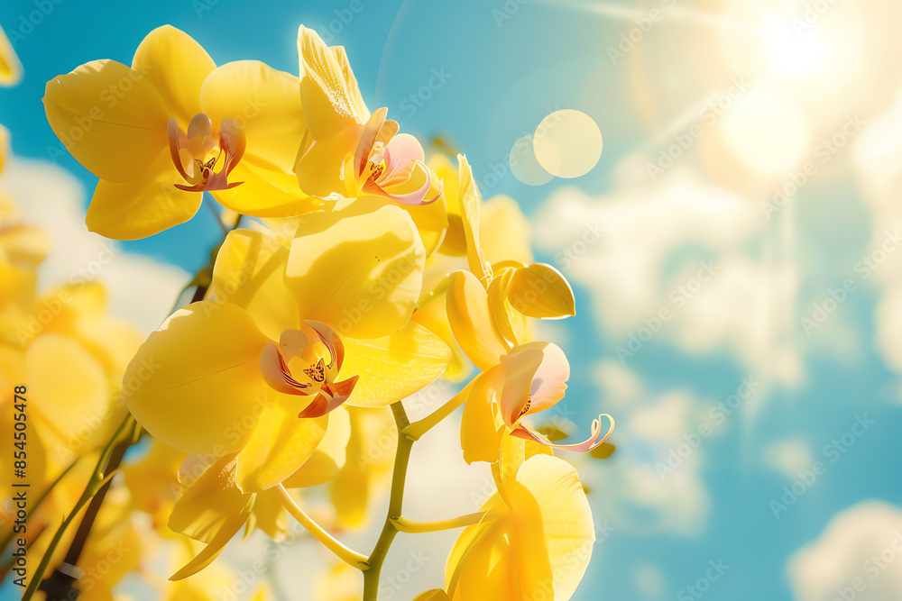 Obraz premium Bright bloom, Yellow orchid with a bright, sunny sky background.