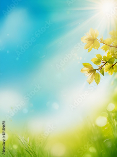Blue spring background with light green, sunlight and blur