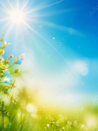Blue spring background with light green, sunlight and blur