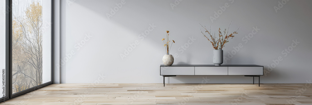 Modern sideboard next to a window in a luxury living room interiors composition in light grey color. Minimalist residential real estate composition. Modern sideboard next to a window in a luxury living room interiors composition in light grey color. Minimalist residential real estate composition.