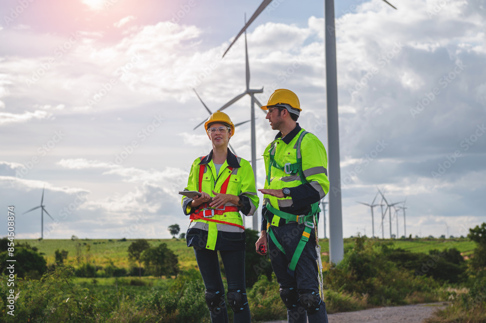 Two workers in safety gear stand in front of a wind farm Two workers in safety gear stand in front of a wind farm
