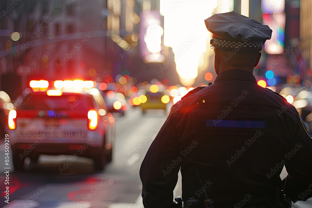 A police officer patrols a city street during a special event, ensuring safety and order A police officer patrols a city street during a special event, ensuring safety and order