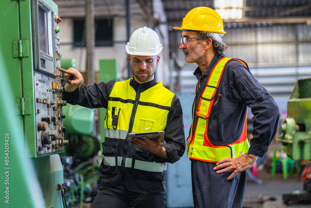 wo men in safety gear are standing next to a machine, one pointing at a button wo men in safety gear are standing next to a machine, one pointing at a button