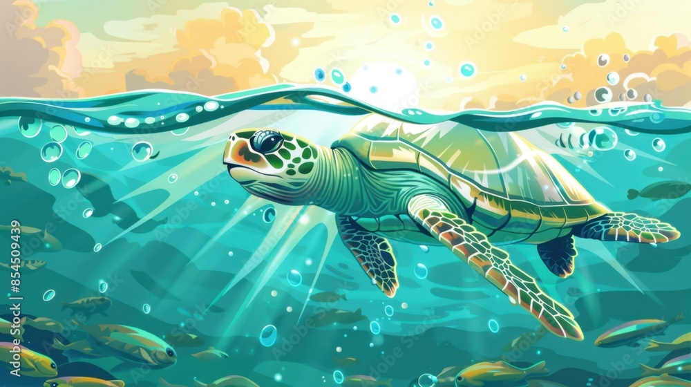 Obraz premium A green sea turtle gracefully glides through a vibrant underwater scene, surrounded by shimmering sunlight and playful fish.