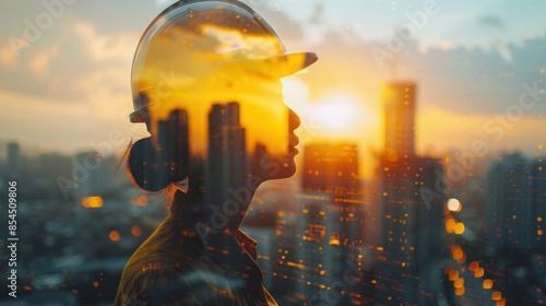 Silhouette of a Construction Worker Against a Sunset Cityscape