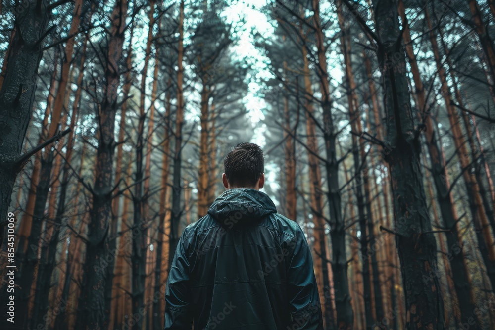 Naklejka premium This image shows a man standing between trees during daytime, highlighting tranquility and harmony in nature. This image is suitable for content related to nature, relaxation, travel, and more.