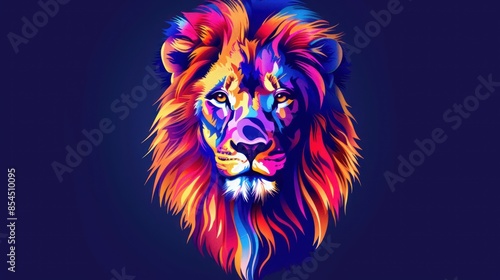 Lion head animal in style of pop art vibrant color on dark blue background. Generated AI