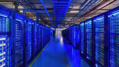 A long hallway is filled with rows of servers in a data center © Alexei