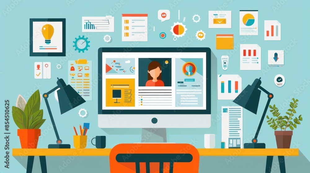 Modern Workplace with Computer and Desk Decor Modern Workplace with Computer and Desk Decor