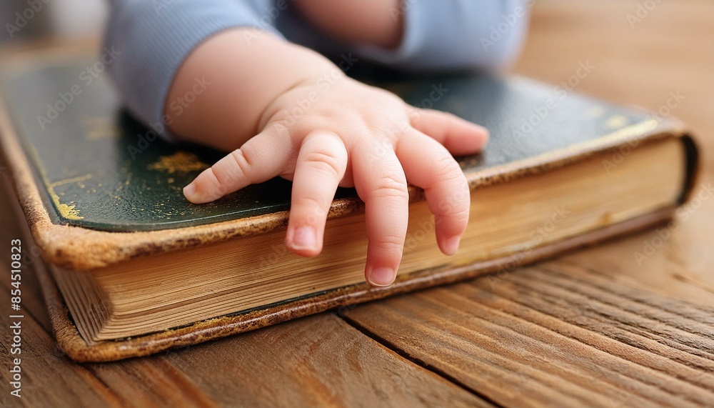 The Hand of Baby Resting On The Bible. Baby With Old Book. 