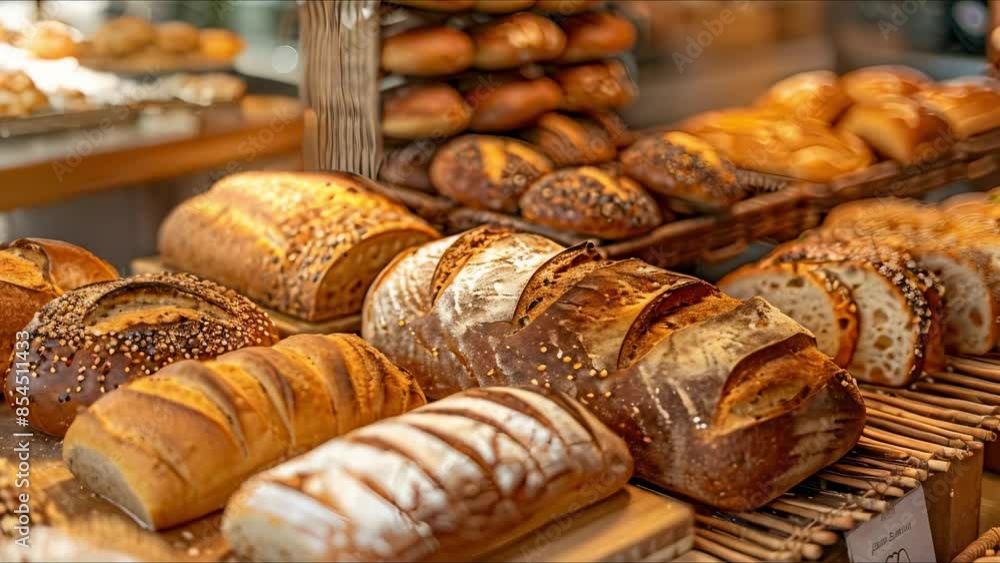 An array of freshly baked bread loaves showcased at a bakery. Concept Bakery Display, Freshly Baked Bread, Artisan Loaves, Food Photography, Tempting Treats An array of freshly baked bread loaves showcased at a bakery. Concept Bakery Display, Freshly Baked Bread, Artisan Loaves, Food Photography, Tempting Treats