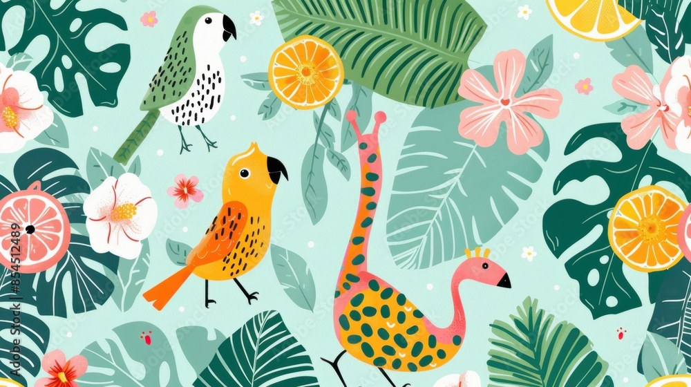 Fototapeta premium A vibrant illustration featuring colorful birds, tropical leaves, and citrus fruits, creating a lively and cheerful tropical scene.