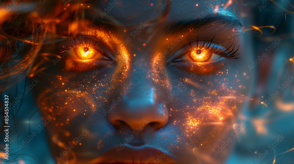 Woman with glowing eyes and sparks on her face. Woman with glowing eyes and sparks on her face.