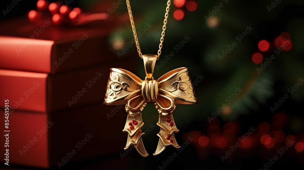 Fototapeta premium A yellow gold Christmas bow wreath pendant necklace UHD Wallpaper