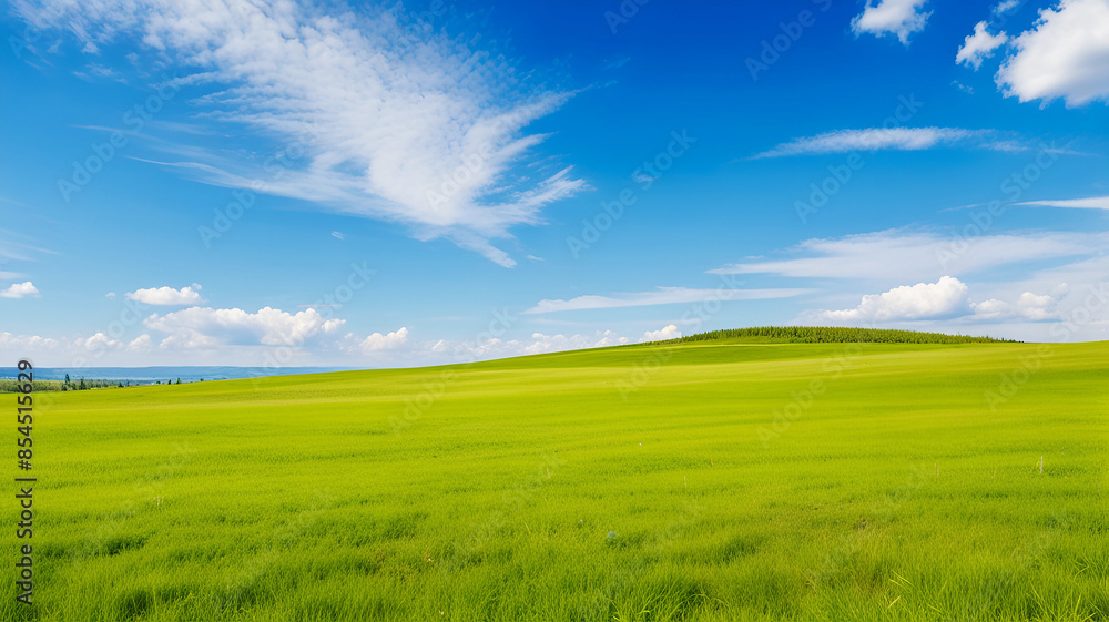 Digital composition of green meadow and blue sky backgrounds. Panoramic natural landscape with green grass field. Ai generative Digital composition of green meadow and blue sky backgrounds. Panoramic natural landscape with green grass field. Ai generative